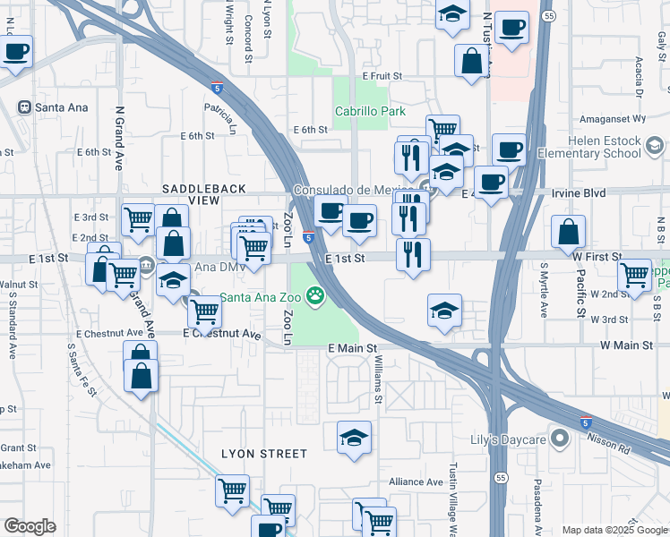 map of restaurants, bars, coffee shops, grocery stores, and more near 1800 East 1st Street in Santa Ana