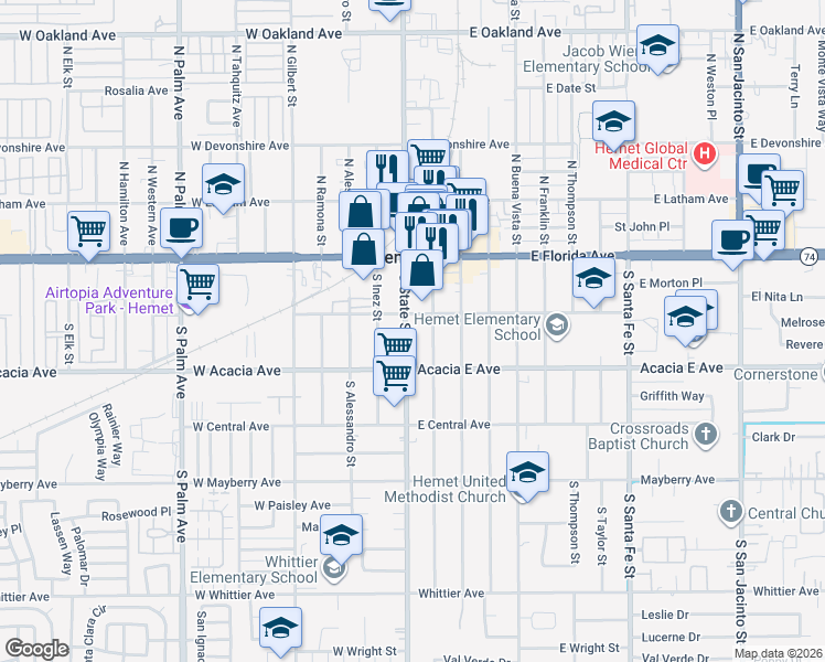 map of restaurants, bars, coffee shops, grocery stores, and more near 220 South State Street in Hemet