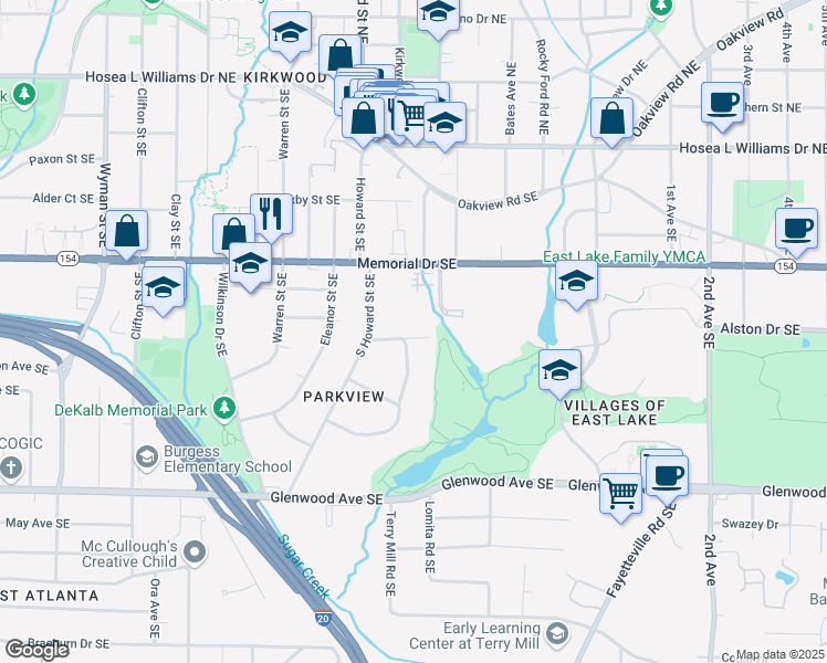 map of restaurants, bars, coffee shops, grocery stores, and more near 1682 Glencove Avenue Southeast in Atlanta