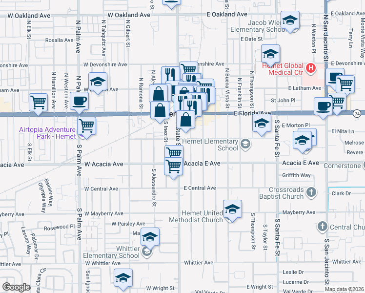 map of restaurants, bars, coffee shops, grocery stores, and more near 220 South State Street in Hemet