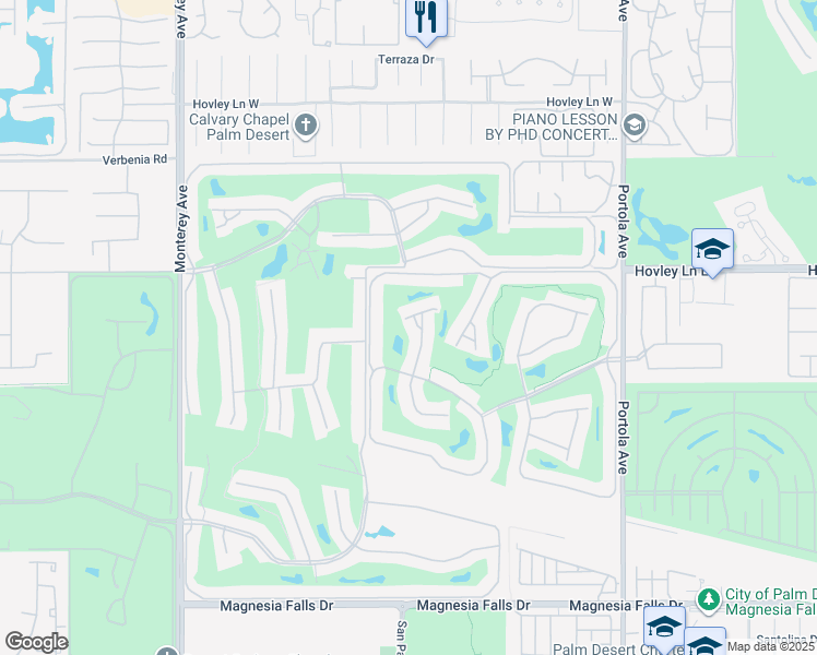 map of restaurants, bars, coffee shops, grocery stores, and more near 29 Maximo Way in Palm Desert