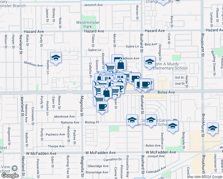 map of restaurants, bars, coffee shops, grocery stores, and more near 9211 Bolsa Avenue in Westminster