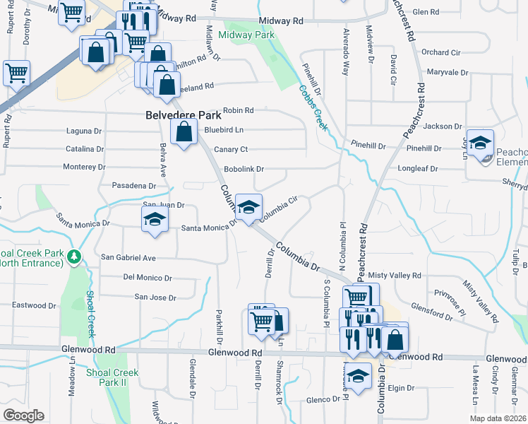 map of restaurants, bars, coffee shops, grocery stores, and more near 1520 Columbia Circle in Decatur