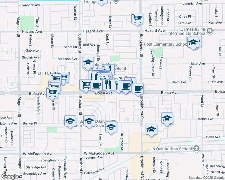map of restaurants, bars, coffee shops, grocery stores, and more near 9743 Bolsa Avenue in Garden Grove