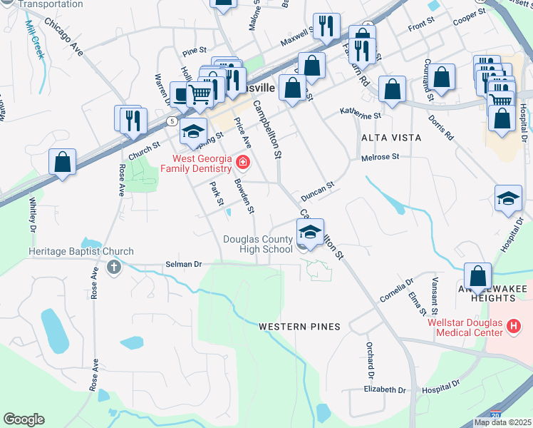 map of restaurants, bars, coffee shops, grocery stores, and more near 8666 North Anna Way in Douglasville