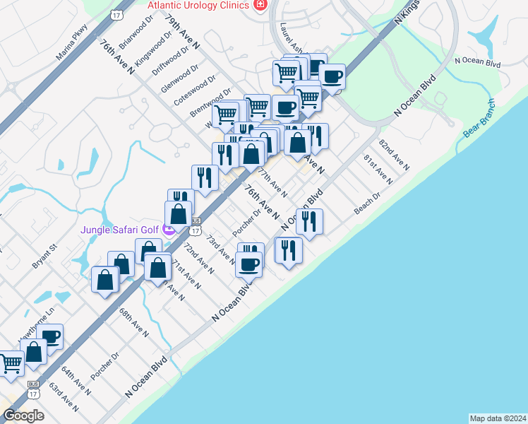 map of restaurants, bars, coffee shops, grocery stores, and more near 15 Shaddowood Court in Myrtle Beach