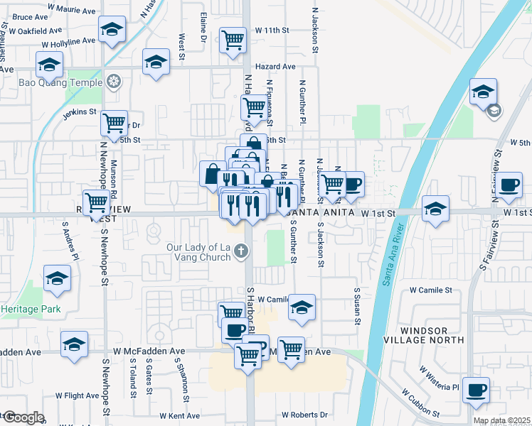 map of restaurants, bars, coffee shops, grocery stores, and more near 2 North Figueroa Street in Santa Ana