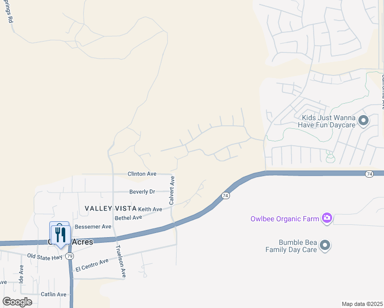 map of restaurants, bars, coffee shops, grocery stores, and more near 130 Lopez Way in Hemet