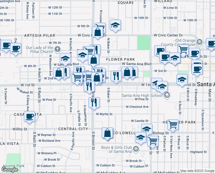 map of restaurants, bars, coffee shops, grocery stores, and more near 1227 West 1st Street in Santa Ana