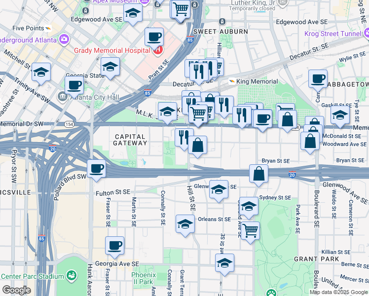 map of restaurants, bars, coffee shops, grocery stores, and more near 341 Hill Street Southeast in Atlanta