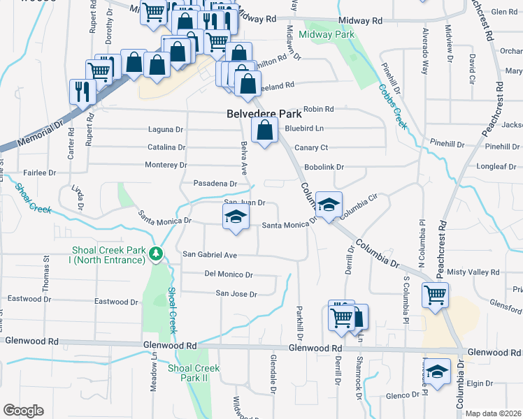 map of restaurants, bars, coffee shops, grocery stores, and more near 3081 San Juan Drive in Decatur