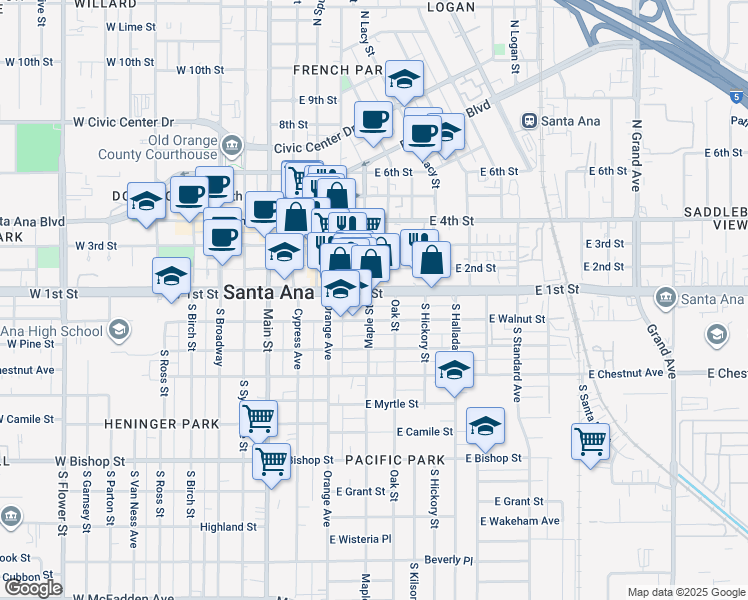 map of restaurants, bars, coffee shops, grocery stores, and more near 552 East First Street in Santa Ana