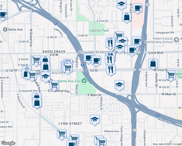map of restaurants, bars, coffee shops, grocery stores, and more near 1812 East 1st Street in Santa Ana