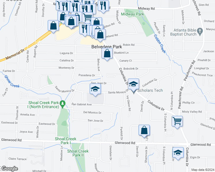 map of restaurants, bars, coffee shops, grocery stores, and more near 3081 San Juan Drive in Decatur