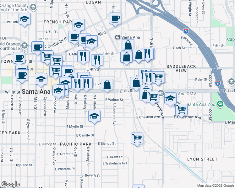 map of restaurants, bars, coffee shops, grocery stores, and more near 1010 East First Street in Santa Ana