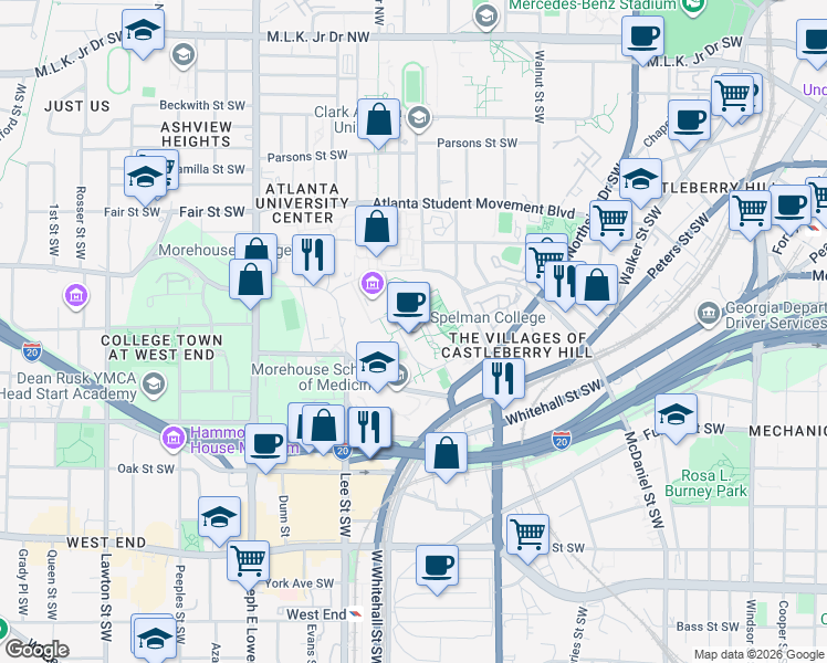 map of restaurants, bars, coffee shops, grocery stores, and more near 350 Spelman Lane Southwest in Atlanta