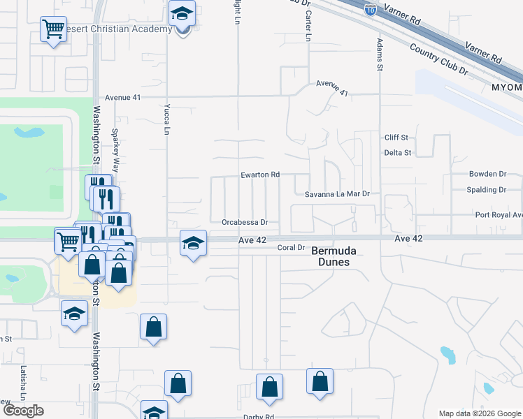 map of restaurants, bars, coffee shops, grocery stores, and more near 41805 Petersfield Road in Bermuda Dunes