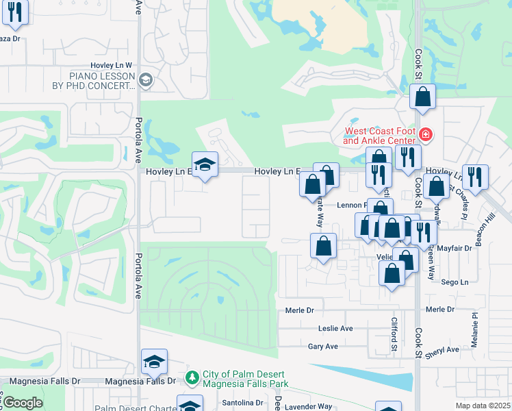 map of restaurants, bars, coffee shops, grocery stores, and more near 74401 Hovley Lane East in Palm Desert