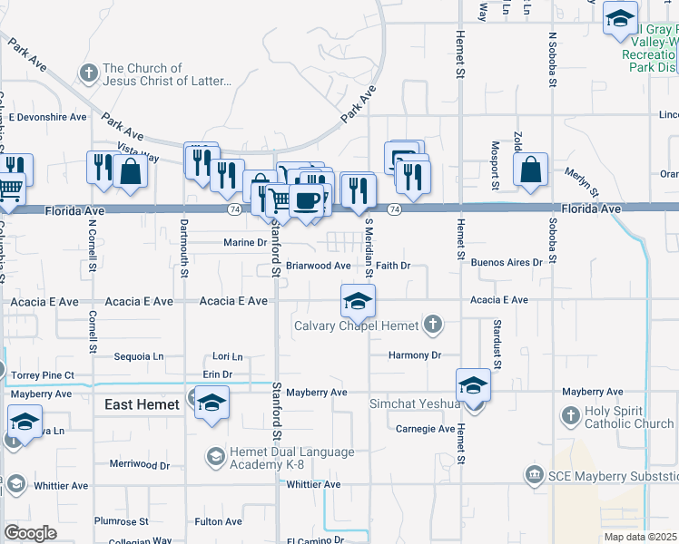 map of restaurants, bars, coffee shops, grocery stores, and more near 41919 Briarwood Avenue in Hemet