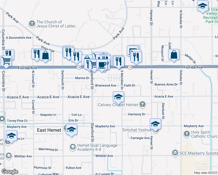 map of restaurants, bars, coffee shops, grocery stores, and more near 41919 Briarwood Avenue in Hemet