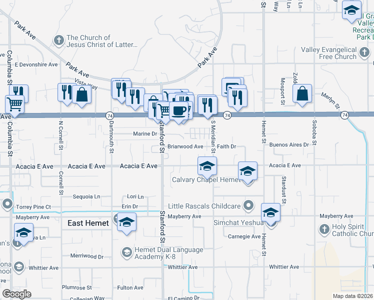map of restaurants, bars, coffee shops, grocery stores, and more near 41834 Briarwood Avenue in Hemet