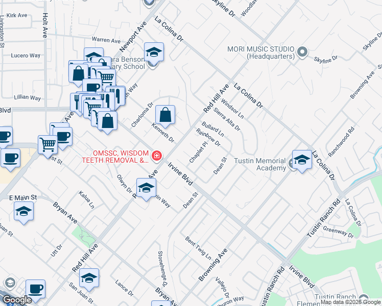 map of restaurants, bars, coffee shops, grocery stores, and more near 1541 Kenneth Drive in Santa Ana