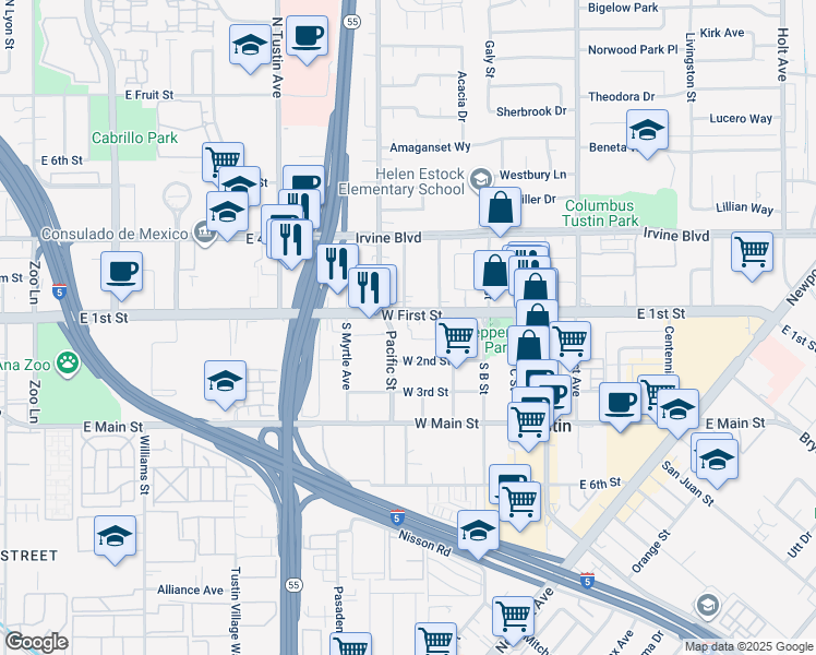 map of restaurants, bars, coffee shops, grocery stores, and more near 600 West First Street in Tustin
