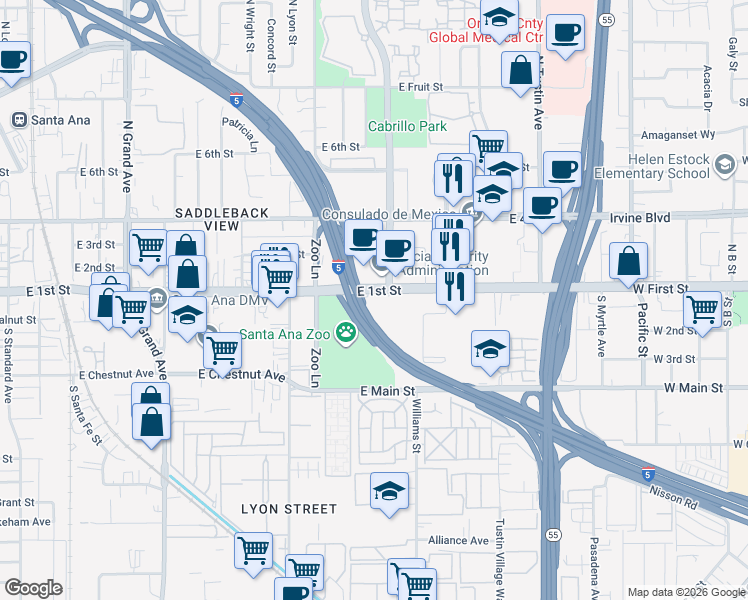 map of restaurants, bars, coffee shops, grocery stores, and more near 1800 East First Street in Santa Ana