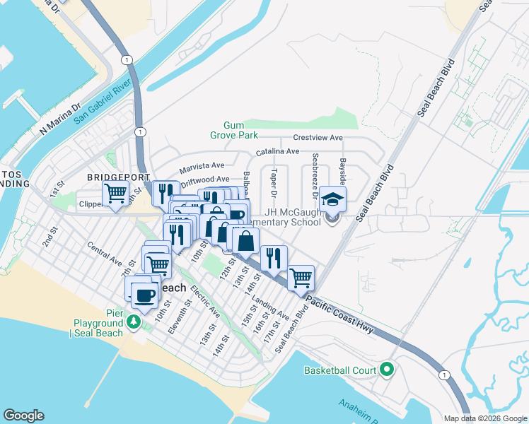map of restaurants, bars, coffee shops, grocery stores, and more near 609 Taper Drive in Seal Beach