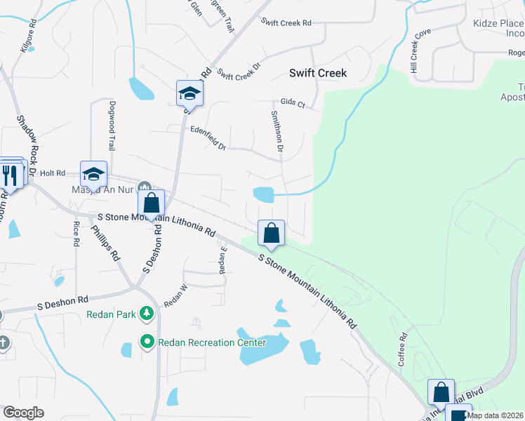 map of restaurants, bars, coffee shops, grocery stores, and more near 1564 Roscommon Cove in Lithonia