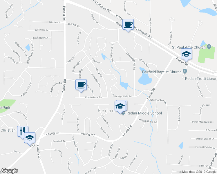map of restaurants, bars, coffee shops, grocery stores, and more near 5601 Tunbridge Wells Road in Lithonia