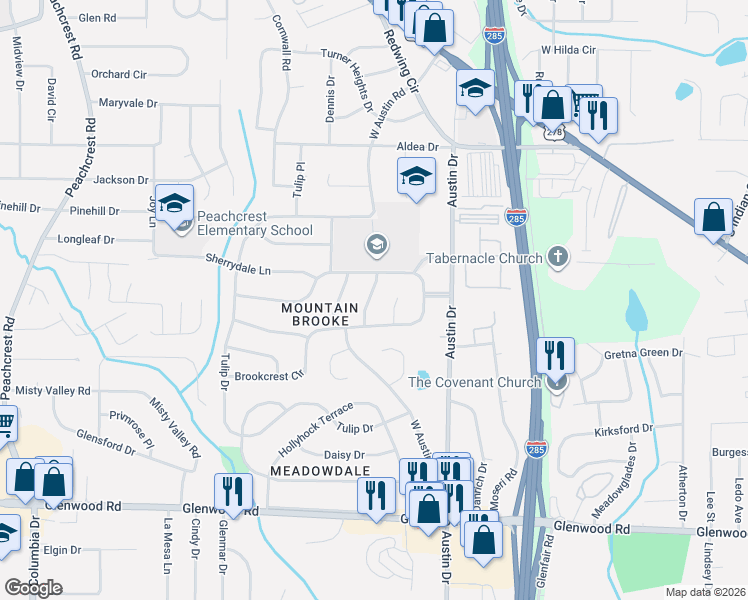 map of restaurants, bars, coffee shops, grocery stores, and more near 1596 West Austin Road in Decatur