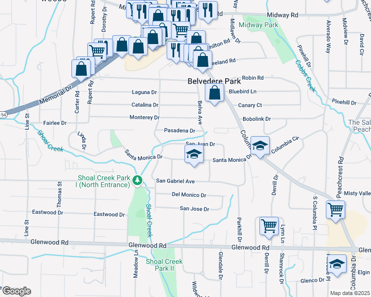 map of restaurants, bars, coffee shops, grocery stores, and more near 3021 San Juan Drive in Decatur