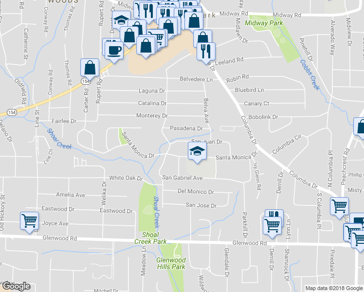 map of restaurants, bars, coffee shops, grocery stores, and more near 2999 San Juan Drive in Decatur