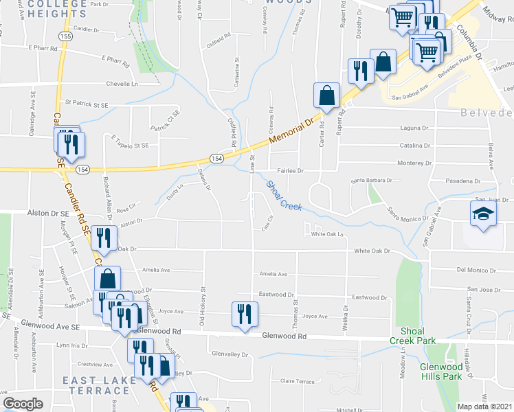 map of restaurants, bars, coffee shops, grocery stores, and more near in Belvedere Park