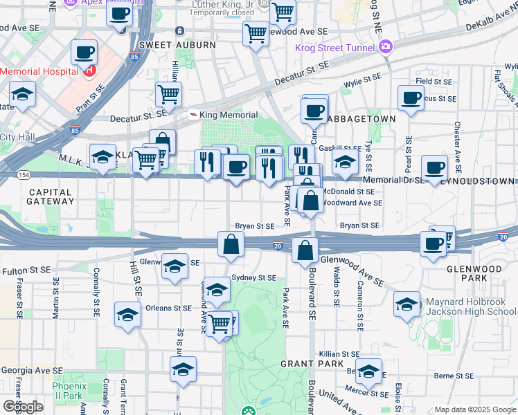 map of restaurants, bars, coffee shops, grocery stores, and more near 345 Loomis Avenue Southeast in Atlanta