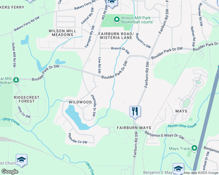 map of restaurants, bars, coffee shops, grocery stores, and more near 405 Fairburn Road Southwest in Atlanta