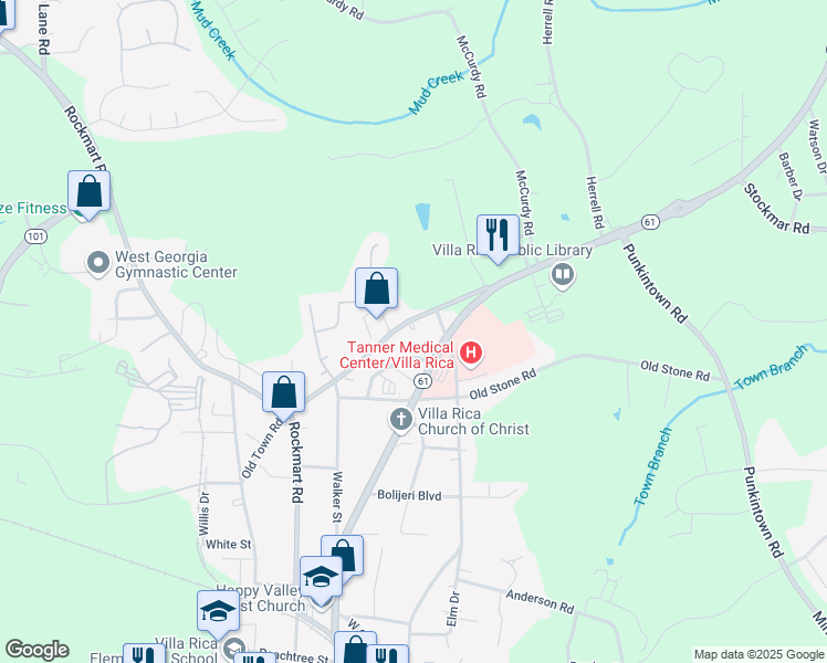 map of restaurants, bars, coffee shops, grocery stores, and more near 651 Old Town Road in Villa Rica