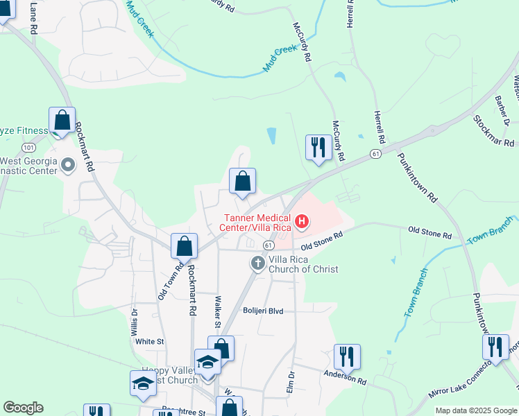map of restaurants, bars, coffee shops, grocery stores, and more near 651 Old Town Road in Villa Rica