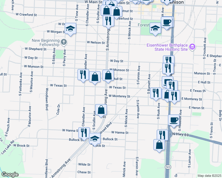 map of restaurants, bars, coffee shops, grocery stores, and more near 719 West Texas Street in Denison