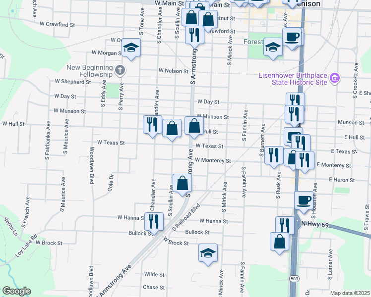 map of restaurants, bars, coffee shops, grocery stores, and more near 818B West Texas Street in Denison