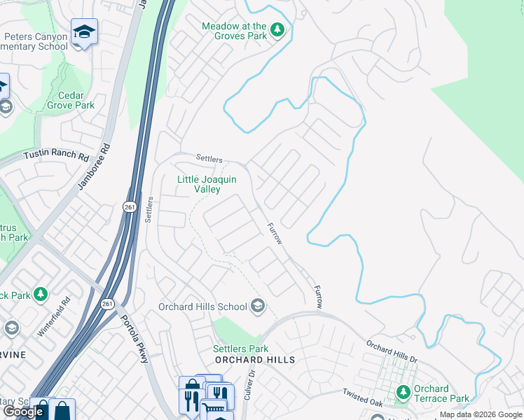 map of restaurants, bars, coffee shops, grocery stores, and more near Furrow in Irvine