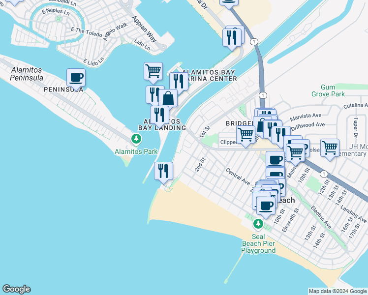 map of restaurants, bars, coffee shops, grocery stores, and more near 10 Ocean Place in Seal Beach