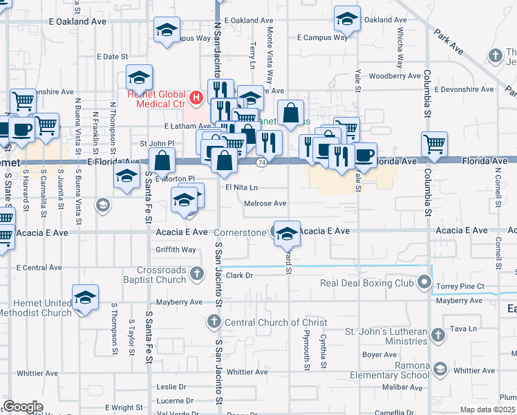 map of restaurants, bars, coffee shops, grocery stores, and more near 40389 Melrose Avenue in Hemet