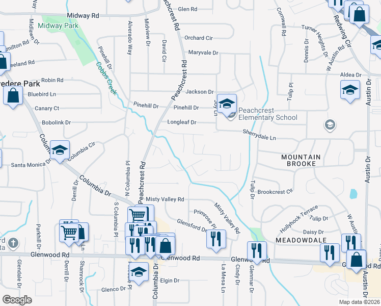map of restaurants, bars, coffee shops, grocery stores, and more near 1601 Cobbs Creek Lane in Decatur
