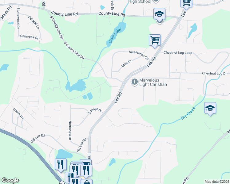 map of restaurants, bars, coffee shops, grocery stores, and more near 2219 Lee Road in Lithia Springs