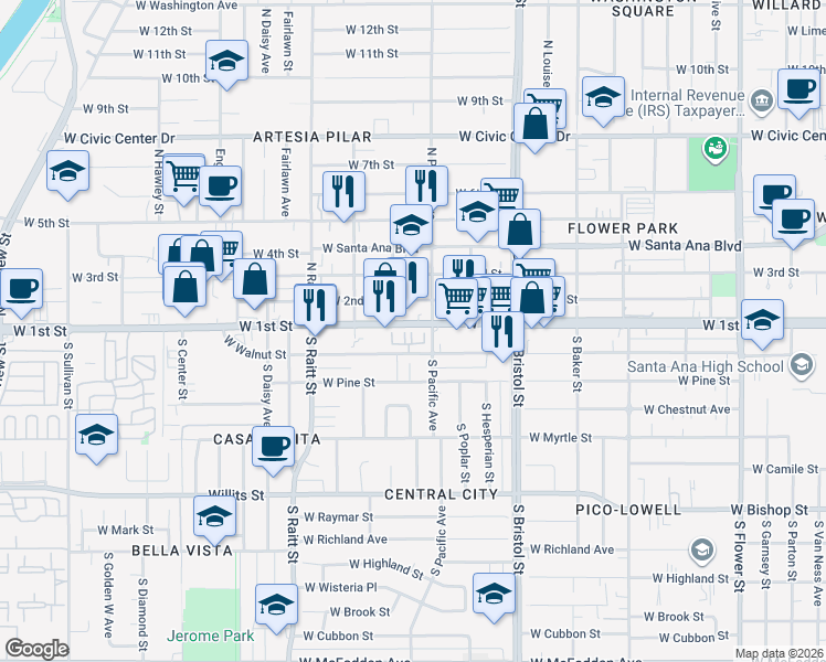 map of restaurants, bars, coffee shops, grocery stores, and more near 1525 West 1st Street in Santa Ana