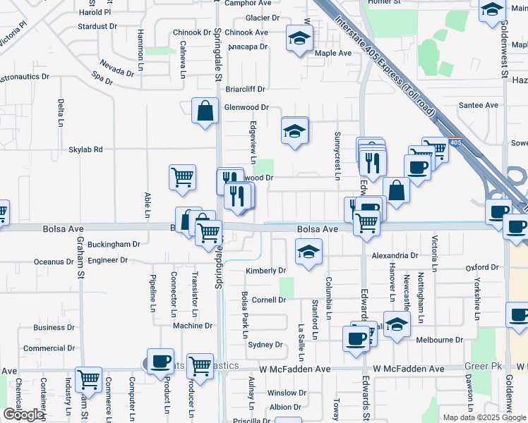 map of restaurants, bars, coffee shops, grocery stores, and more near Northridge Lane in Huntington Beach
