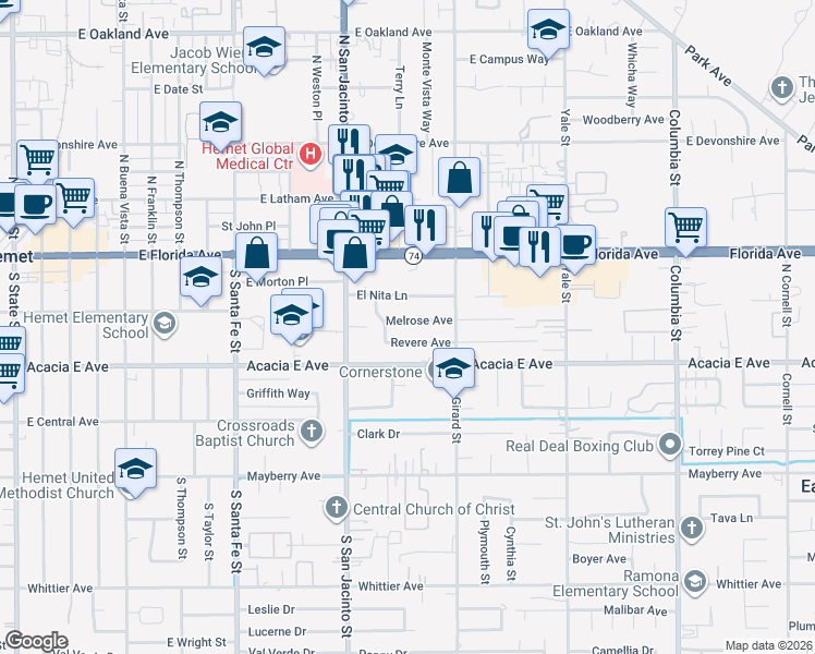 map of restaurants, bars, coffee shops, grocery stores, and more near 40389 Melrose Avenue in Hemet
