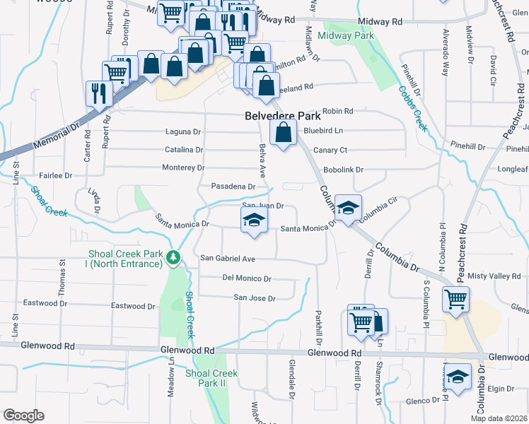 map of restaurants, bars, coffee shops, grocery stores, and more near 3043 San Juan Drive in Decatur